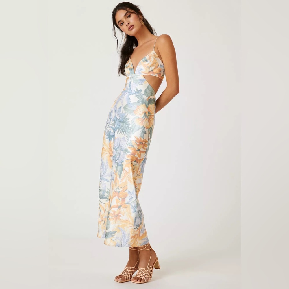 Floral Maxi Dress with Cutouts - Blue and Orange